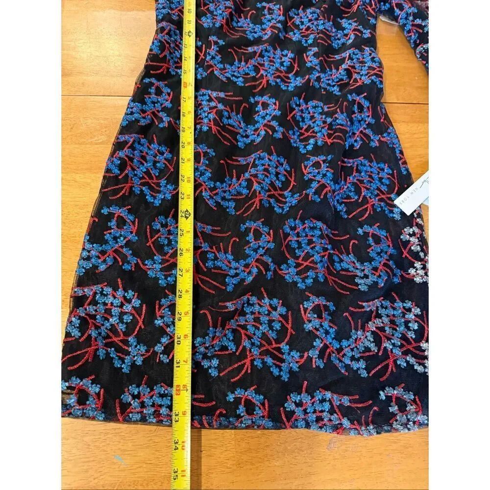 Nicole Miller Embroidered Mesh Dress Black Red Blue Sheer Bell Sleeve Cocktail S - Picture 11 of 13